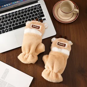 Winter cute deer antler plush gloves thick warm student half finger mittens stylish cute