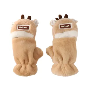Cute winter plush deer antler half-finger flip gloves for women, warm and thick daily wear.