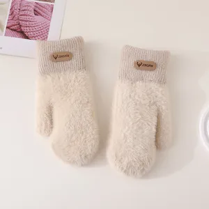 Women winter warm faux mink mittens thick plush knitted gloves cute outdoor cycling mittens