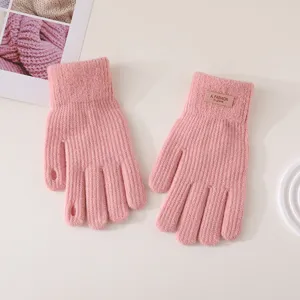 Women winter pink knitted gloves cute touchscreen split-finger thermal warm thick gloves