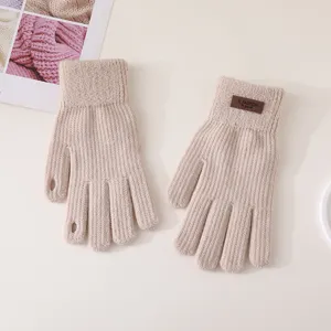 Detailed view of winter warm knitted touch screen gloves in light khaki with cute design features.