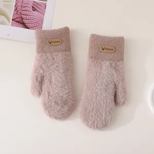 Cozy plush knit mittens with cute faux mink fur detail, warm winter gloves for outdoor cycling.