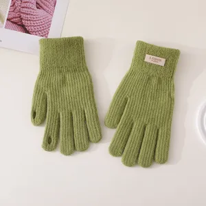 Winter knitted split-finger warm gloves for women and men, cute green touch screen riding gloves.