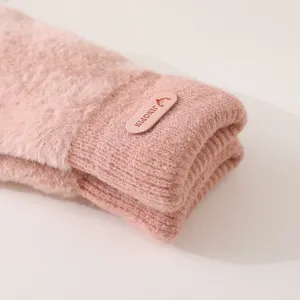 Cute winter thick warm pink plush knit mittens for women outdoor cycling cozy fleece gloves