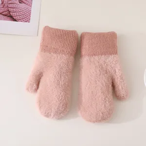 Women winter warm plush knitted mittens, cute fleece lined thick fuzzy gloves for outdoor riding.