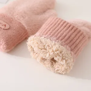 Women winter thick warm knit mittens plush fleece lined cute pink outdoor cycling gloves