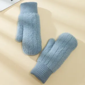 Moffole in maglia di peluche morbido azzurro chiaro, guanti termici invernali caldi per donna dettaglio.