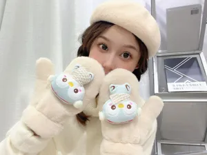 Thickened plush winter mittens for women, cute cartoon patch, warm neck-hanging thermal gloves.
