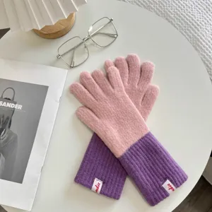Women color-blocked knit gloves autumn winter warm soft cozy stylish fuzzy handwear