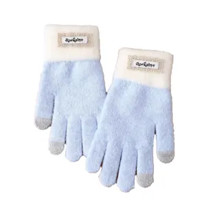 Winter women touchscreen knitted gloves thick warm fleece lined dual layer color block