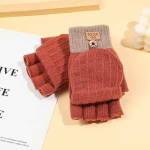 Women winter knit fingerless gloves warm convertible flip top mittens half finger gloves khaki