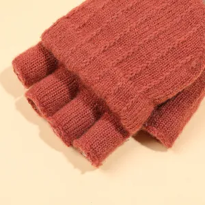 Detailed view of women winter knit fingerless flip top gloves warm thermal wool mittens.