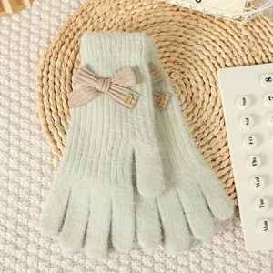 Women cute bow knit gloves winter warm soft cozy cozy outdoor daily wear stylish mittens accessories