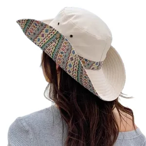 Women ethnic western cowboy sun hat, beige outdoor travel fishing beach sun protection hat