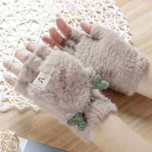 Guanti invernali a mezzo dito in peluche con corna carine, caldi e spessi ribaltabili da donna.