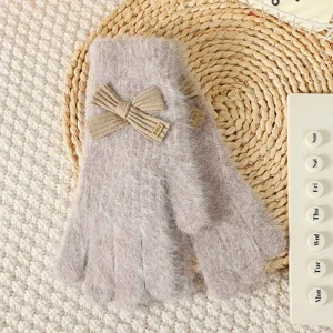 Fluffy knitted bow gloves for women winter warm touchscreen cozy sweet winter details