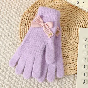 Cute winter knitted gloves with pink bow detail, sweet style warm accessory for women outdoor daily wear.