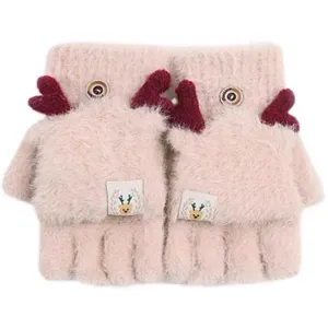 Guanti invernali in peluche mezza dita con graziosa corna di cervo e design in maglia calda.