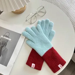 Cozy color-block winter knitted gloves for women, warm plush fleece design with rib cuffs.