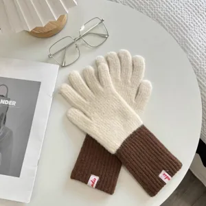 Women knitted winter gloves warm thick contrast color cozy stylish daily wear cold weather soft