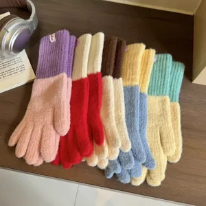 Women's autumn winter colorblock knit gloves soft cozy warm fashion cute mittens pair.