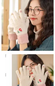 Guanti invernali spessi in maglia touchscreen per donna con ricamo di pupazzo di neve.