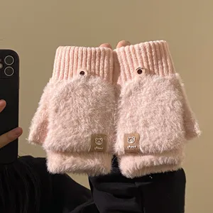 Women's pink plush half-finger convertible gloves, winter warm thick fingerless gloves.