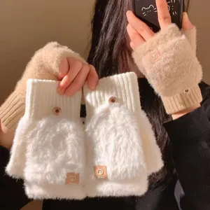 Plush convertible half finger gloves winter warm thick cute bear label mittens for women