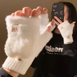 Women winter thick warm half finger flip cover plush gloves white fluffy knit mittens cute