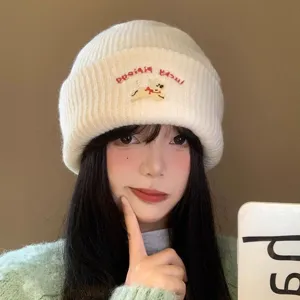 Carino Cappello da Teschio Caldo Invernale Lavorato a Maglia con Ricamo di Cucciolo Berretto Beanie Tinta Unita Casual per Donne