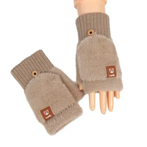 Women winter warm plush convertible half finger gloves fuzzy knit mittens with cute bear design