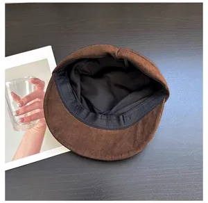 Brown suede newsboy hat for women, vintage flat top retro cap, stylish autumn winter headwear.