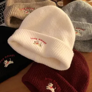 Carino berretto in maglia ricamato con cucciolo donna inverno caldo cappello lana