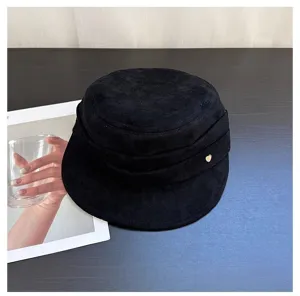 Chic retro black suede octagonal hat for women, elegant pleated flat top fashion newsboy cap item.