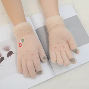 Guanti invernali touch screen in maglia da donna con ricamo di pupazzo di neve e morbidi.