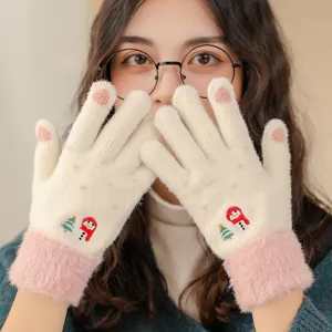 Guanti Touch Screen Caldi Invernali da Donna Simpatico Pupazzo di Neve Cartoon Ricamo Polsino in Peluche Guanti Termici Lavorati a Maglia