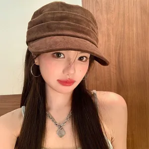 British Vintage Faux Suede Octagonal Hat Women Fall Winter Solid Color Pleated Beret Casual Fashion Painter Hat