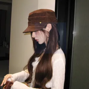 British retro pleated flat top cadet hat women versatile suede octagonal cap stylish brown