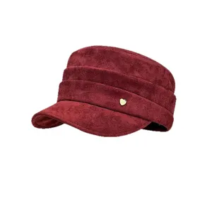 Women's retro pleated cadet hat, stylish suede flat top military cap for daily fashion wear.