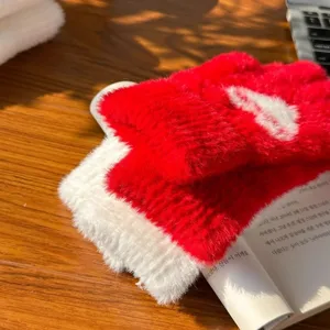 Women winter warm plush mittens soft thick red white fleece gloves for cold winter weather