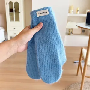 Soft winter knitted wool gloves for women, solid color warm thermal winter mittens.