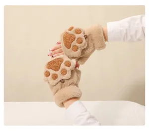 Cozy fleece cat paw half-finger gloves for women. Cute winter warm plush flip design.
