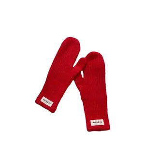 Warm winter red knitted wool mittens for women, comfortable thick thermal riding gloves.