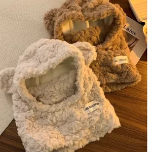 Comodo suave cappello sciarpa con orecche d'orso in morbido pile caldo invernale spesso per donna