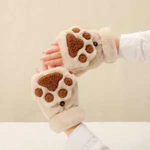 Plush cat paw half finger gloves winter cute warm fluffy convertible gloves for women