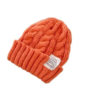 Orange cable knit beanie winter warm thick cute casual slouchy hat with brand label