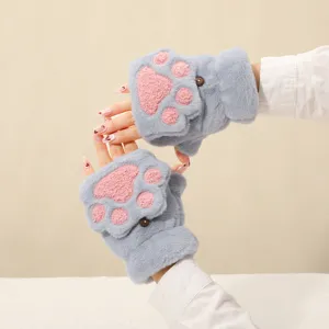 Cute fuzzy cat paw half finger gloves for women winter warm convertible plush mittens.