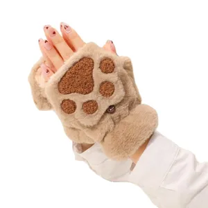 Cute plush cat paw half-finger gloves for women, winter warm thick convertible fleece mittens.