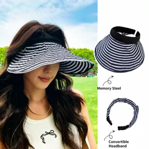 Women Summer Striped Sun Visor Hat Wide Brim UV Protection Foldable Casual Hair Hoop