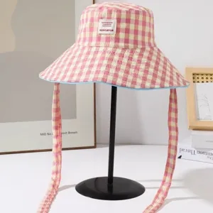 Cappello da pescatore a quadri in stile coreano con lunghi lacci per donna protezione solare